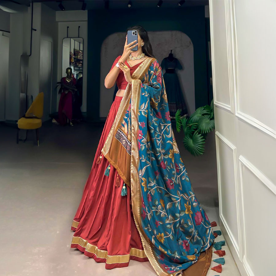 Brown Chinon Silk Casual Wear Lehenga