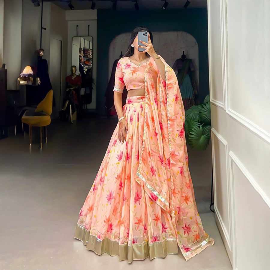 Orange  Tabby Silk Casual Wear Lehenga