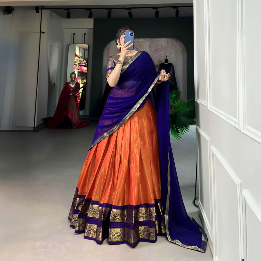 Orange  Kanchipuram Casual Wear Lehenga
