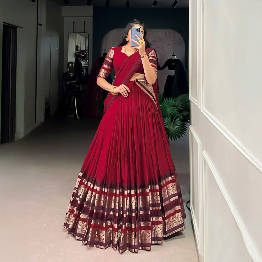 Red  Chanderi Casual Wear Lehenga