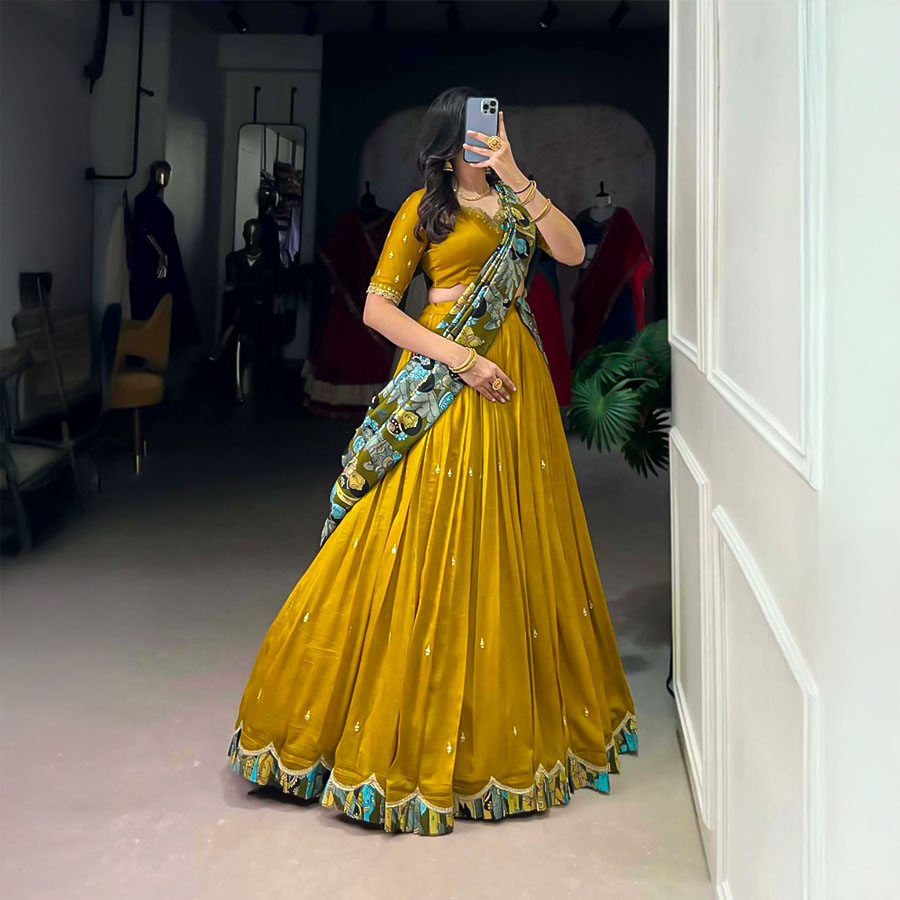 Yellow Vichitra Silk Party Wear Lehenga