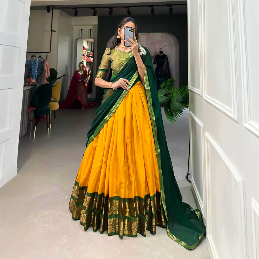 Yellow Kanchipuram Casual Wear Lehenga
