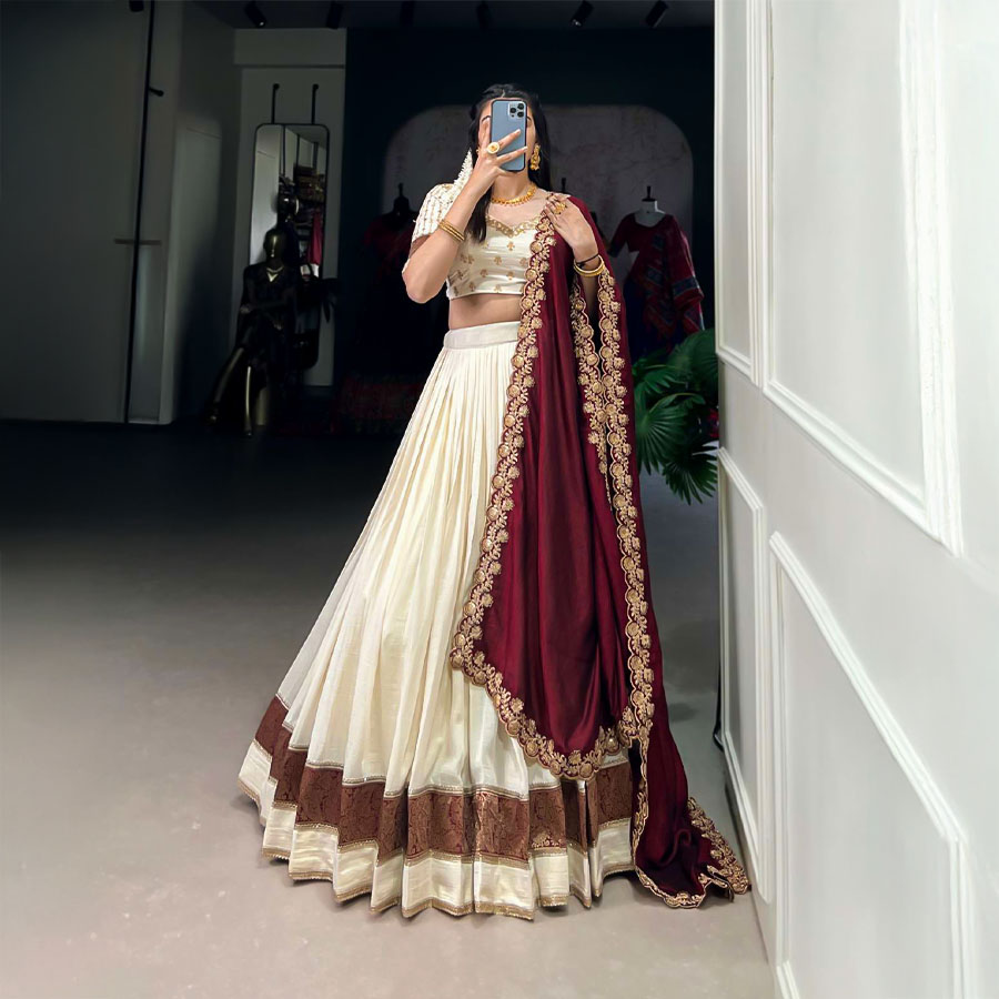 White  Vichitra Silk Party Wear Lehenga