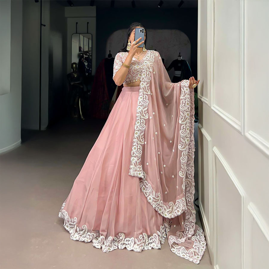 Salmon Vichitra Silk Party Wear Lehenga