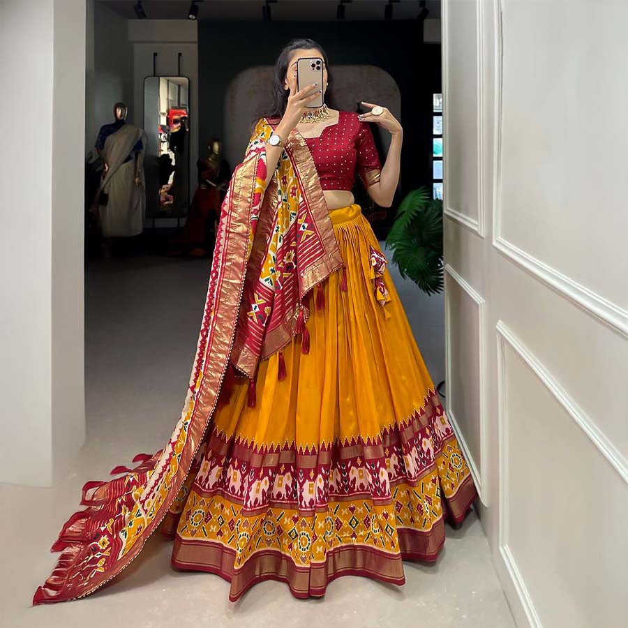 Yellow Tusser Silk  Casual Wear Lehenga