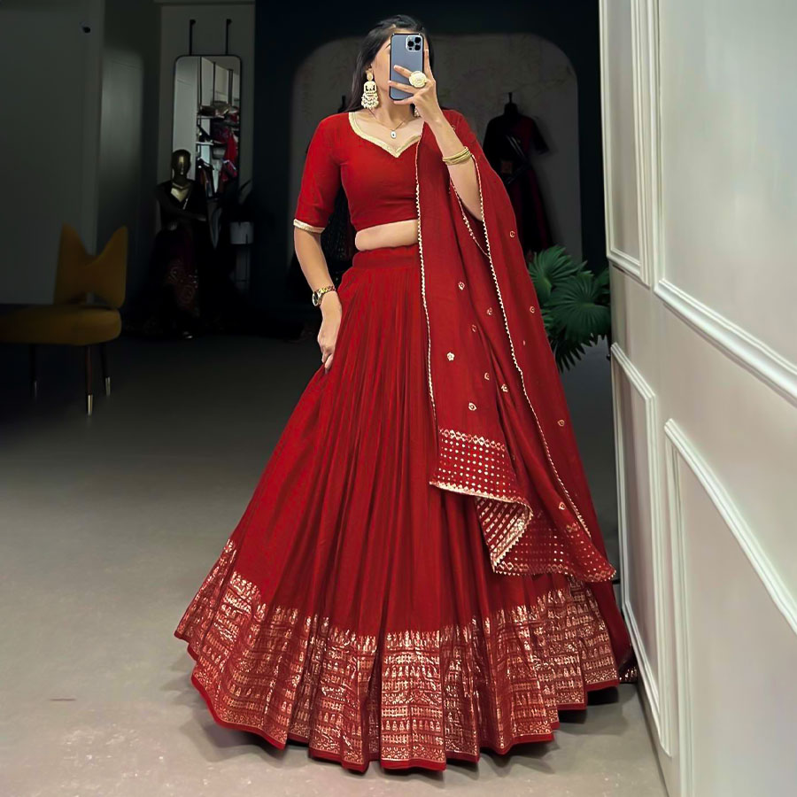 Red Chanderi Casual Wear Lehenga