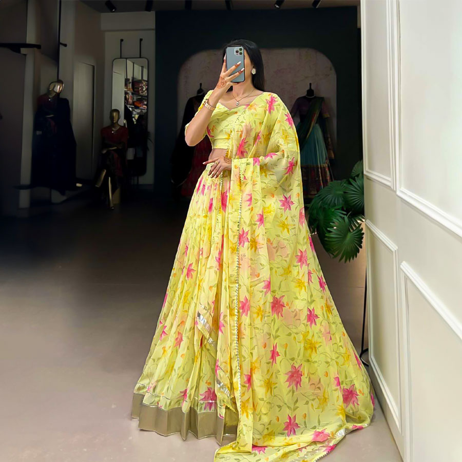 Yellow Tabby Silk Casual Wear Lehenga