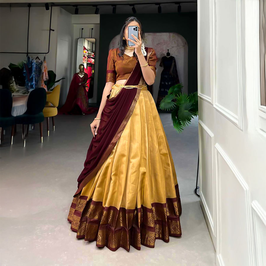 Yellow Kanchipuram Casual Wear Lehenga