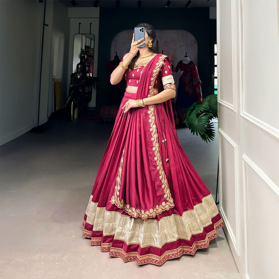 Red Vichitra Silk Party Wear Lehenga