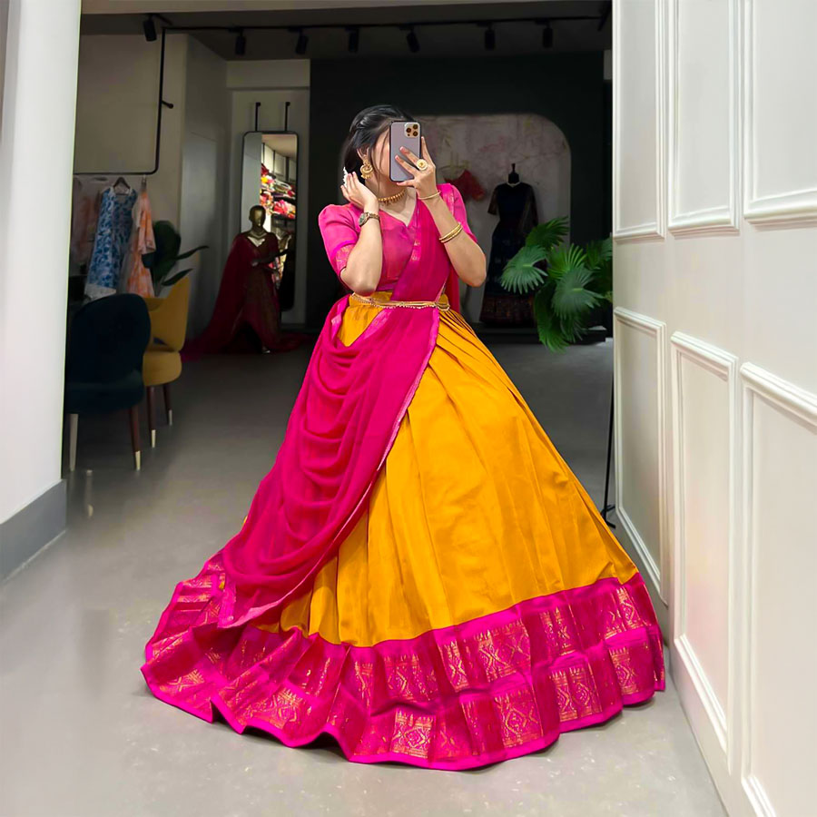 Yellow Kanchipuram Casual Wear Lehenga