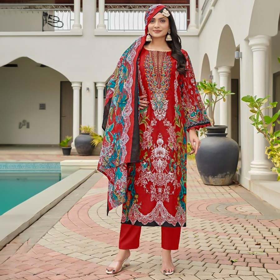 Red Cambric Cotton Casual Wear Salwar Kameez