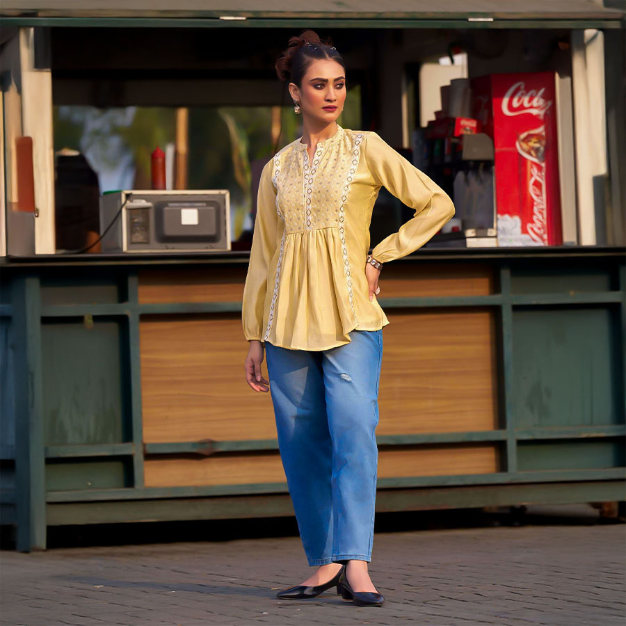 Yellow  Silk Casual Wear Kurti