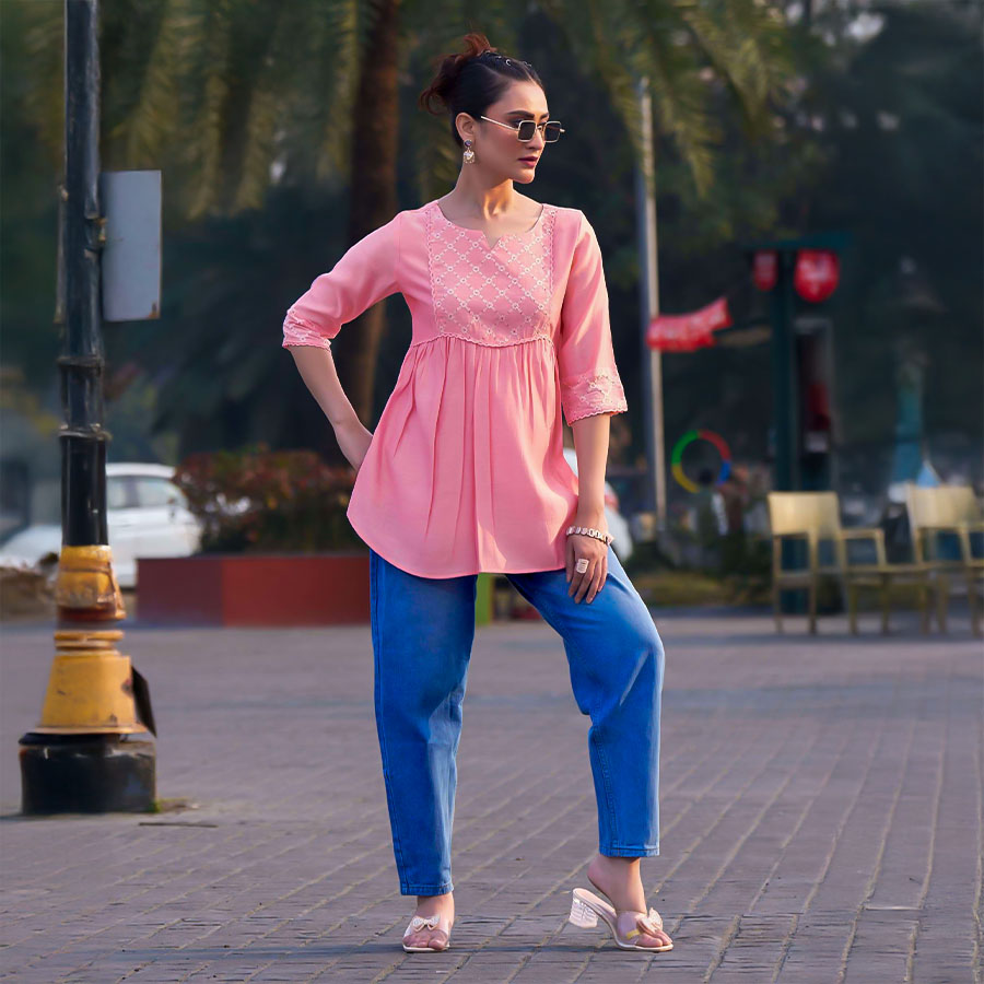 Pink  Silk Casual Wear Kurti