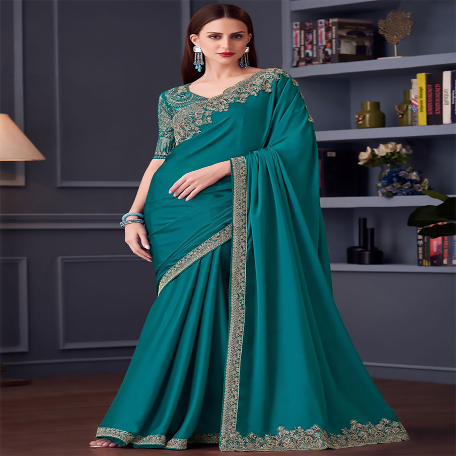 Teal Chiffon Silk Partywear Saree