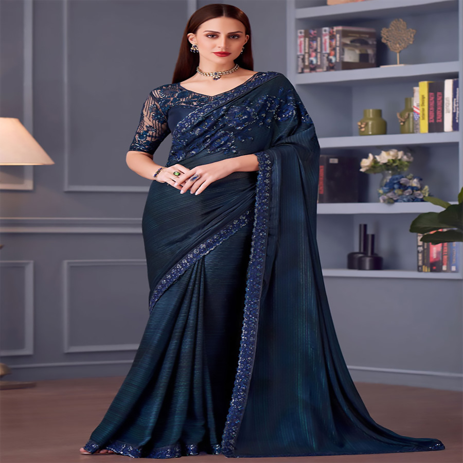 Navy Blue Glitter Silk Partywear Saree