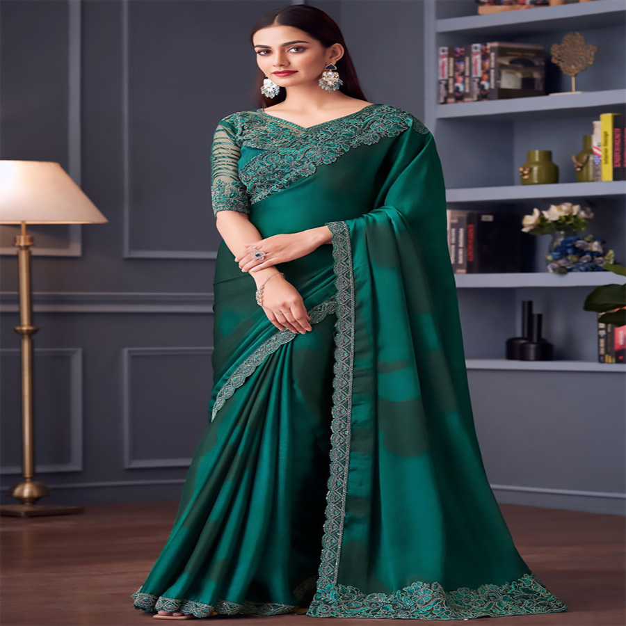 Green Sartin Chiffon Partywear Saree