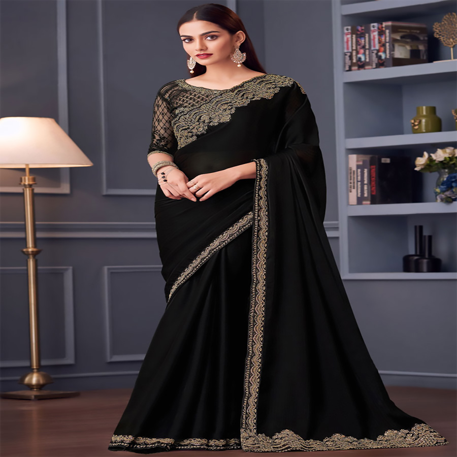 Black Sartin Chiffon Partywear Saree