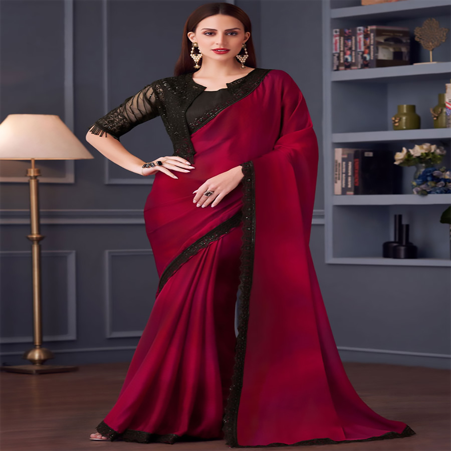 Red Sartin Chiffon Partywear Saree