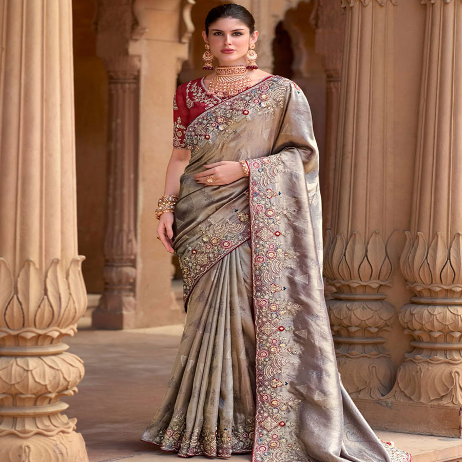 Grey Silk Organza Partywear Saree