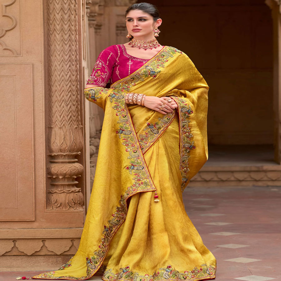 Mustard Silk Organza Partywear Saree