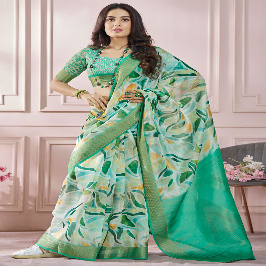 Green Soft Silk Printed Saree