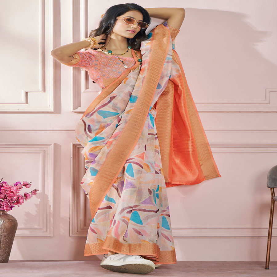 Peach Soft Silk Printed Saree