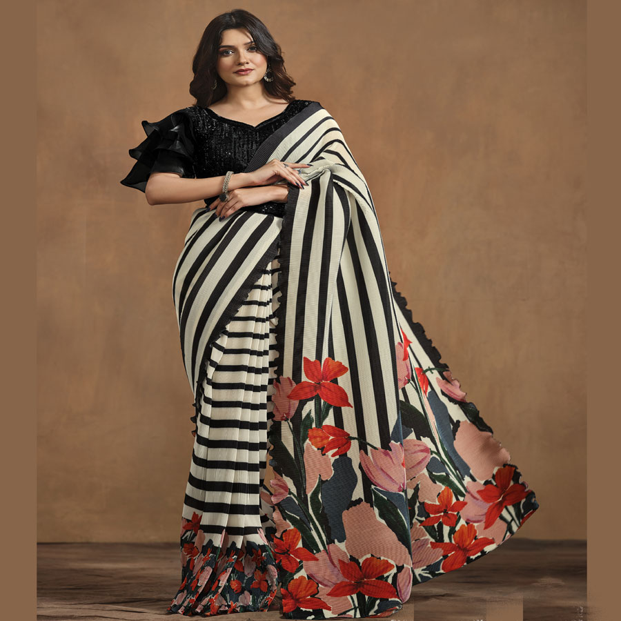 White & black  Pure Satin Silk Printed Saree