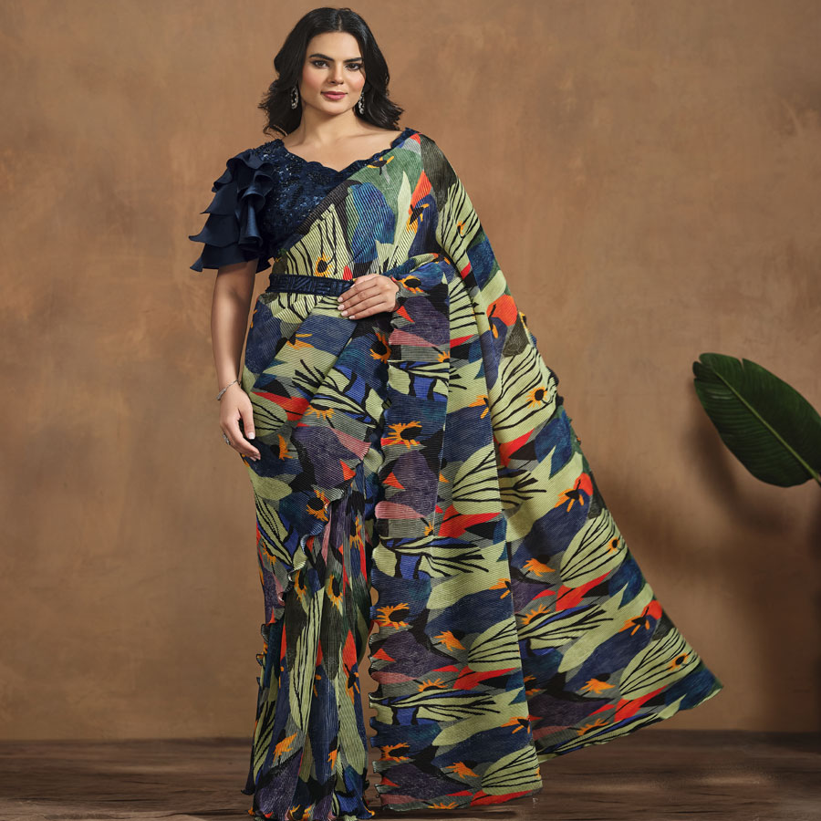 Multicolour Pure Satin Silk Printed Saree