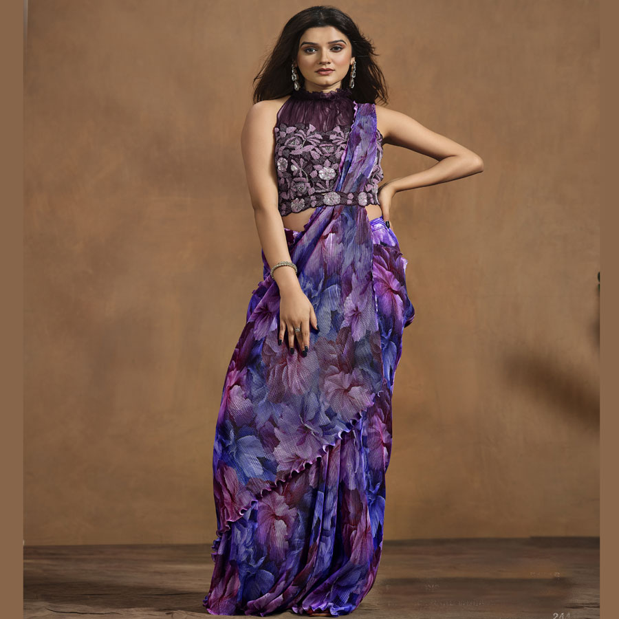 Purple Pure Satin Silk Printed Saree