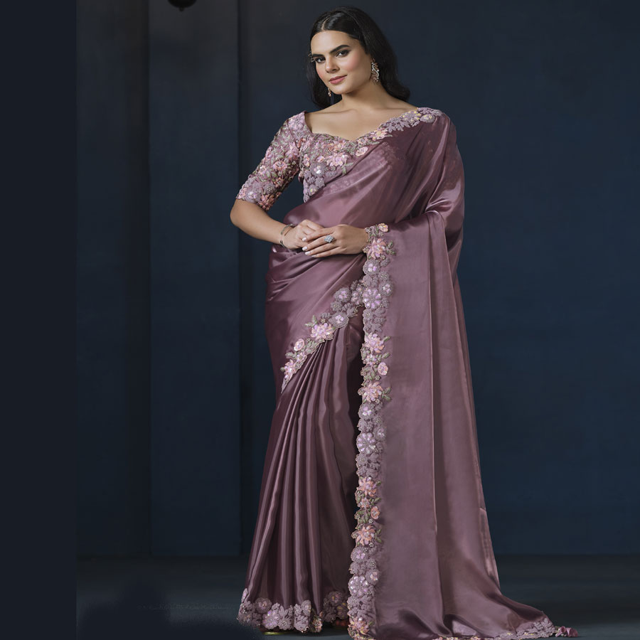 Light purple Crepe satin silk Designer Saree