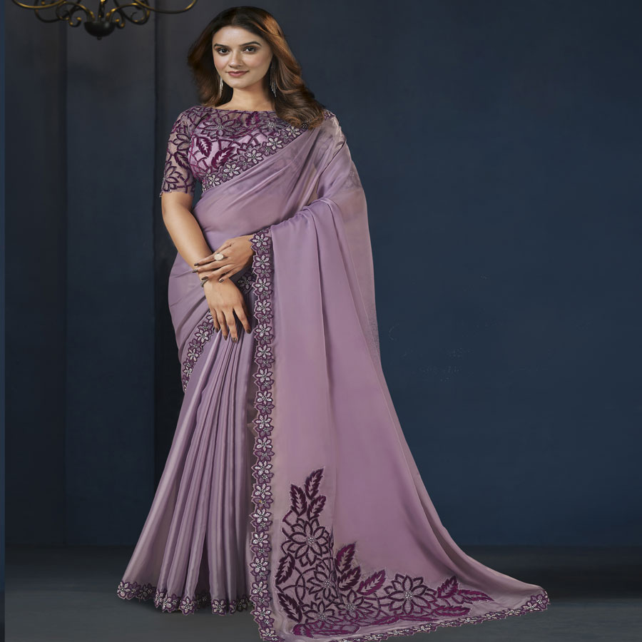 Light purple Crepe SatinSilk Designer Saree