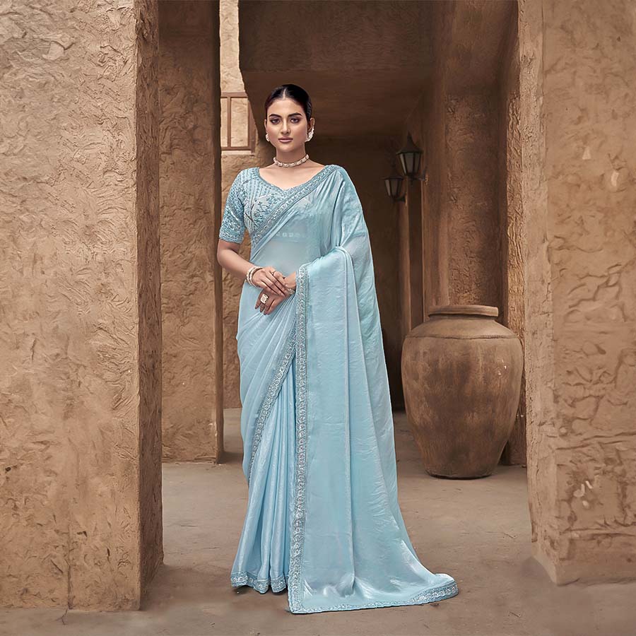 Sky Blue Gradient Satin Silk Designer Saree