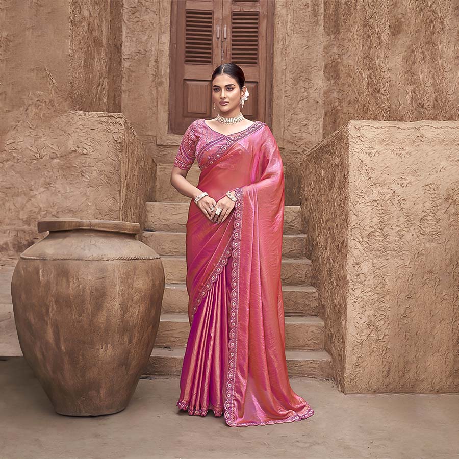 Red Gradient Satin Silk Designer Saree