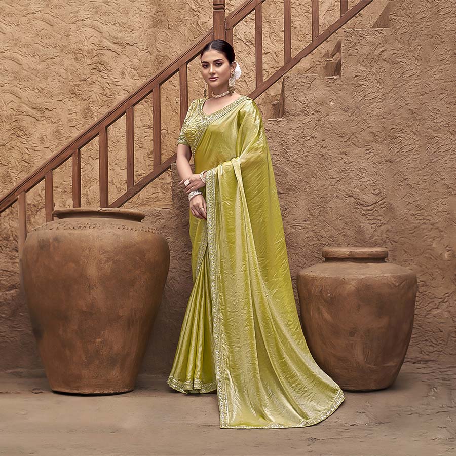 Light Green Gradient Satin Silk Designer Saree