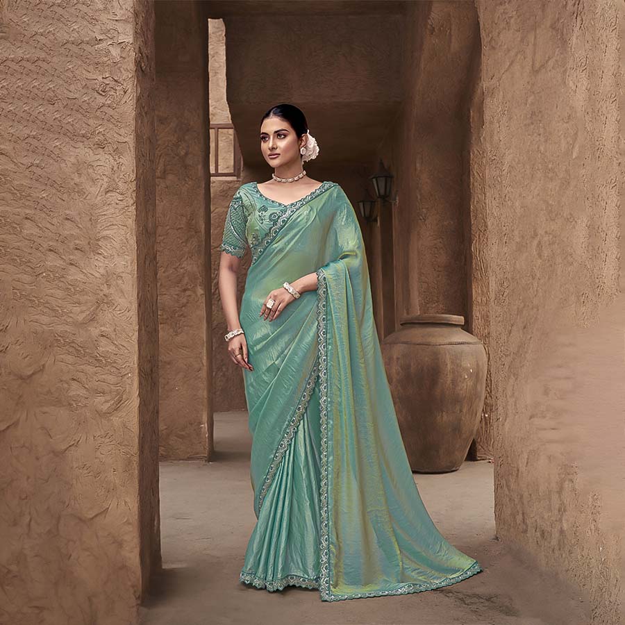 Cyan Gradient Satin Silk Designer Saree