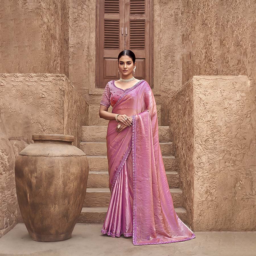 Light Pink Gradient Satin Silk Designer Saree