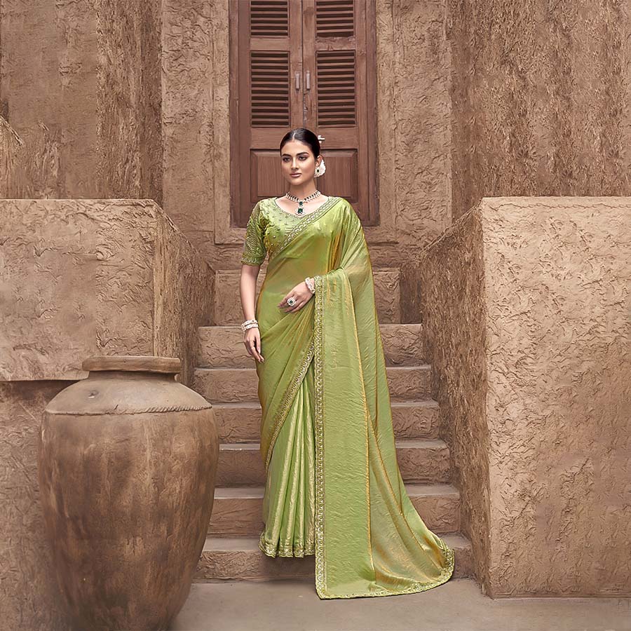 Green Gradient Satin Silk Designer Saree