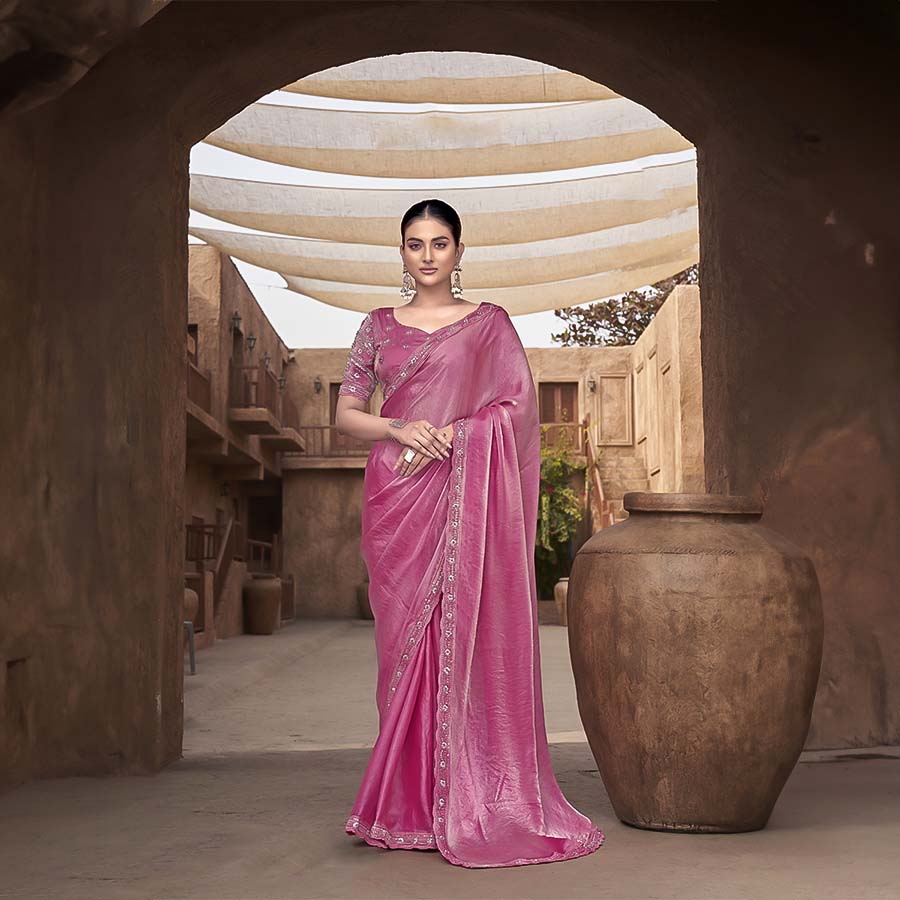 Dark Pink Gradient Satin Silk Designer Saree