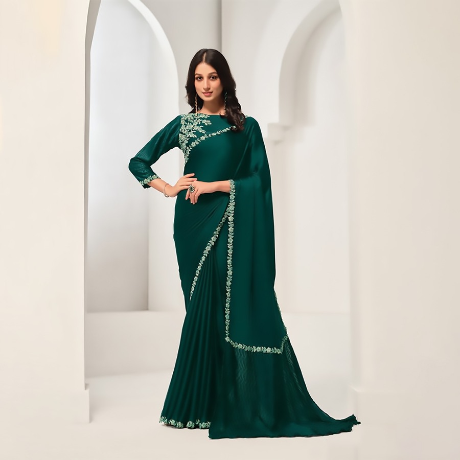 Green Satin Partywear Saree