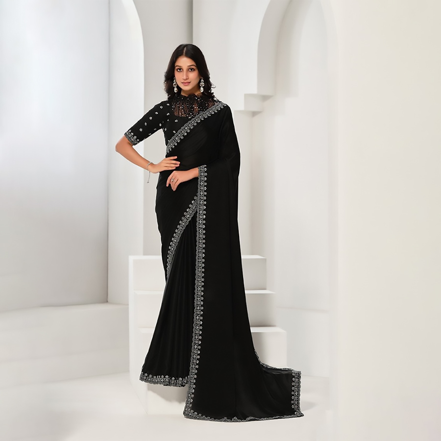 Black Satin Partywear Saree