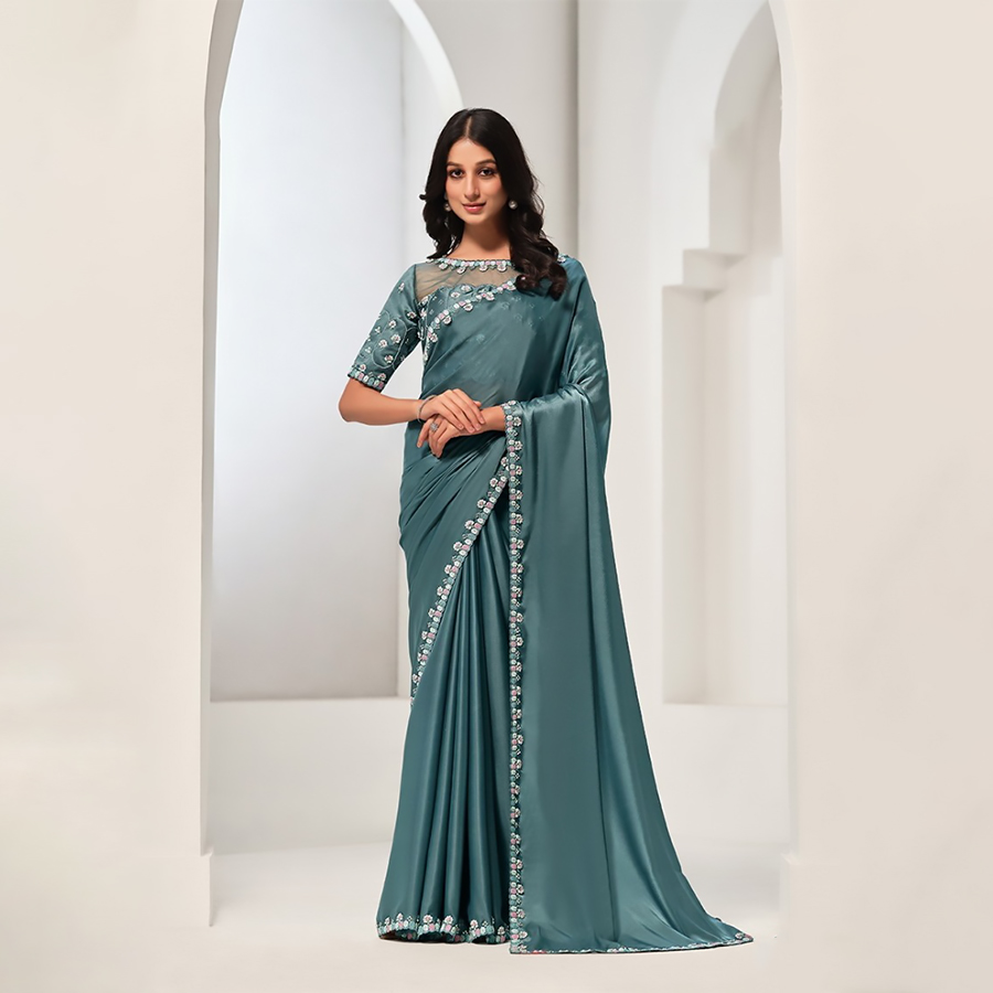 Sky blue Satin Partywear Saree