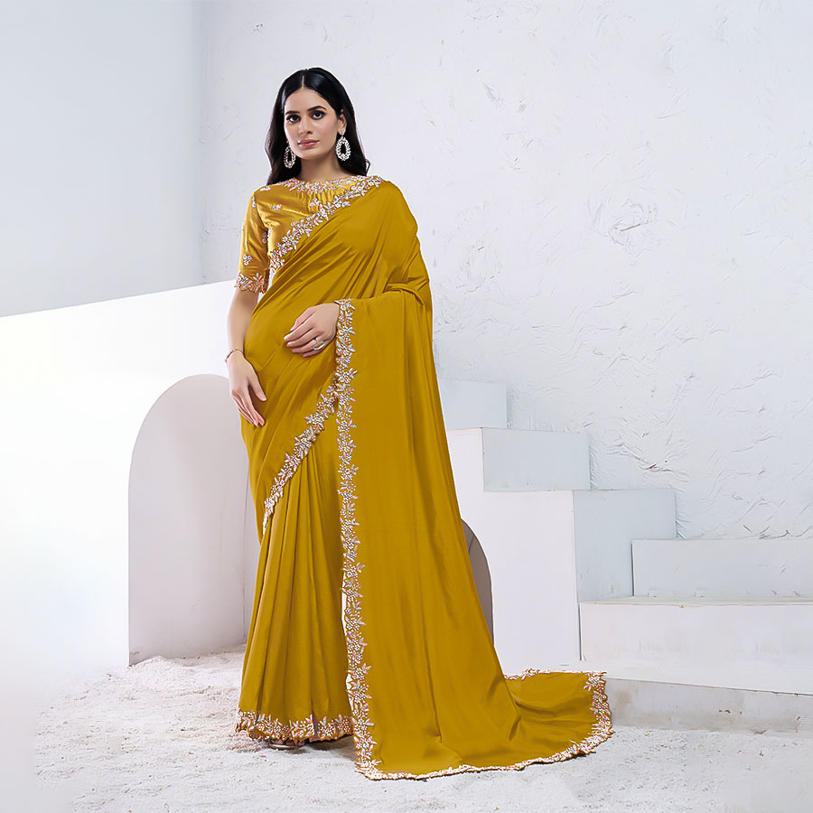 Yellow Pure Crepe Silk Party Wear Saree