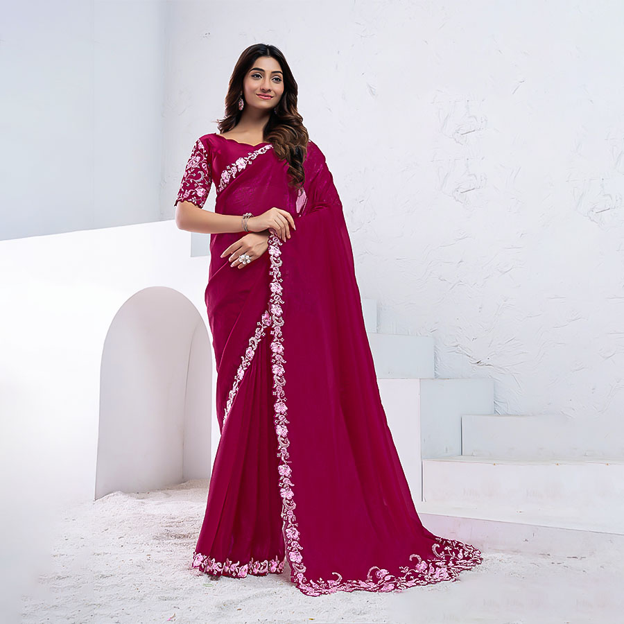 Magenta Crepe Shimmer Silk Party Wear Saree