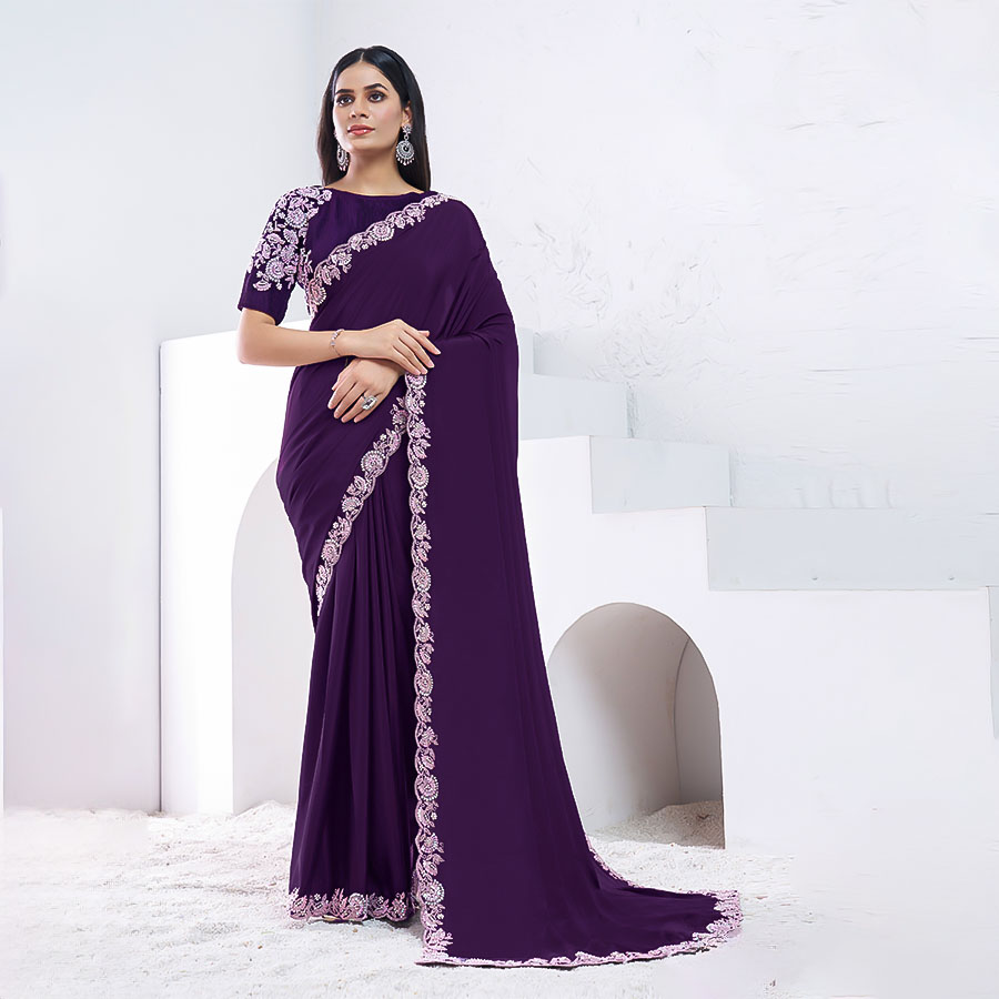 Violet Pure Crepe Silk Party Wear Saree