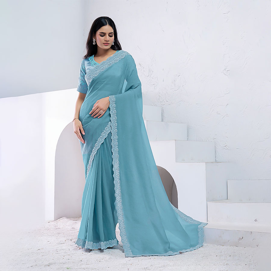 Sky Blue Crush Pure Silk Party Wear Saree