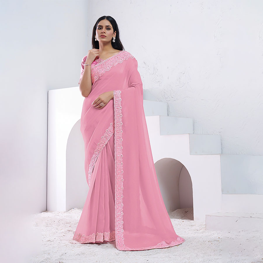 Pink Crepe Shimmer Silk Party Wear Saree