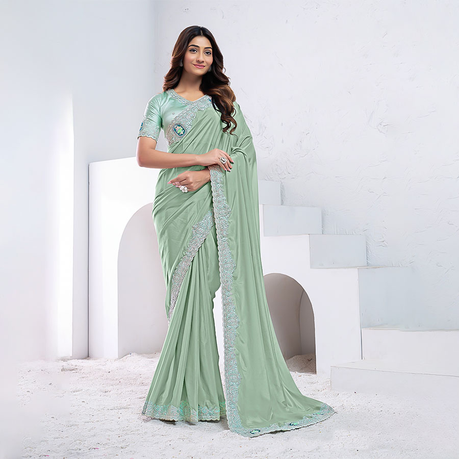 Cyan Pure Crepe Silk Party Wear Saree