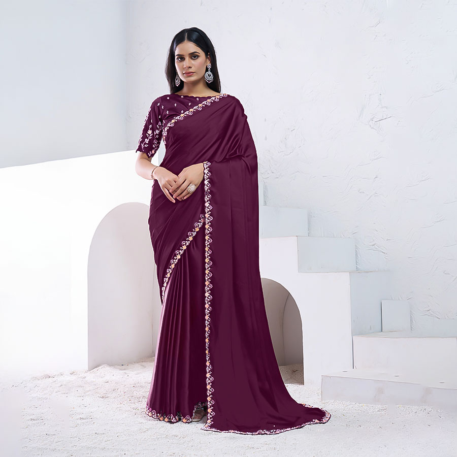 Violet Crepe Satin Silk Party Wear Saree