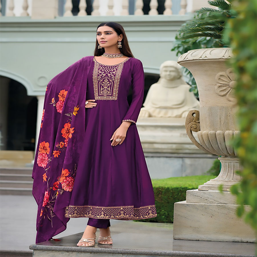 Purple Cotton Anarkali Suit