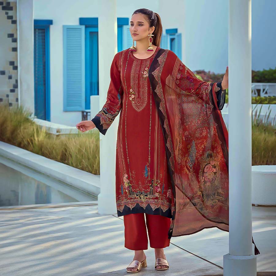 Red Jam Cotton Casual Wear Salwar Kameez